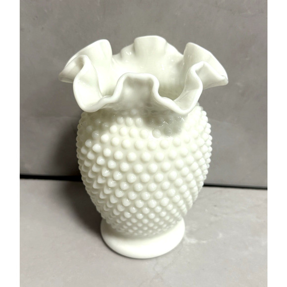 Vintage 1950s Fenton Hobnail Milk Glass Double Crimped Vase 6" Tall - Picture 2 of 7